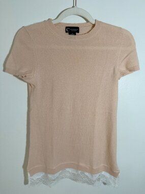 C by Bloomingdale’s 100% Cashmere Lace Hem Sweater XS Beige Short Sleeve